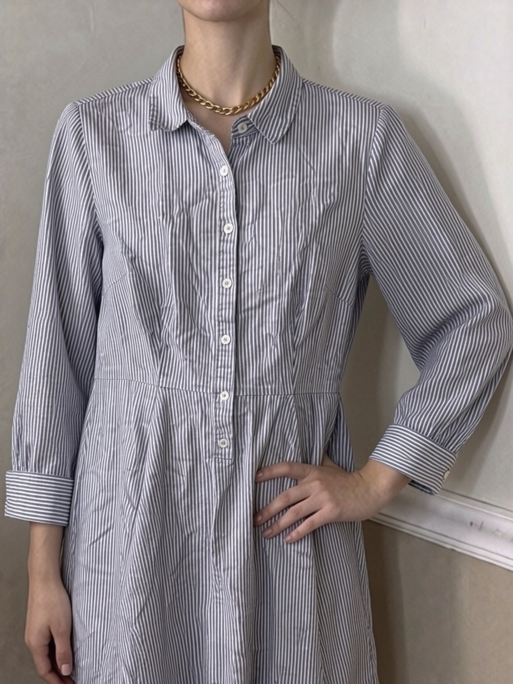 🎉 2 for $20! Premise Blue and White Striped Long-Sleeve Shirt Dress 🤎